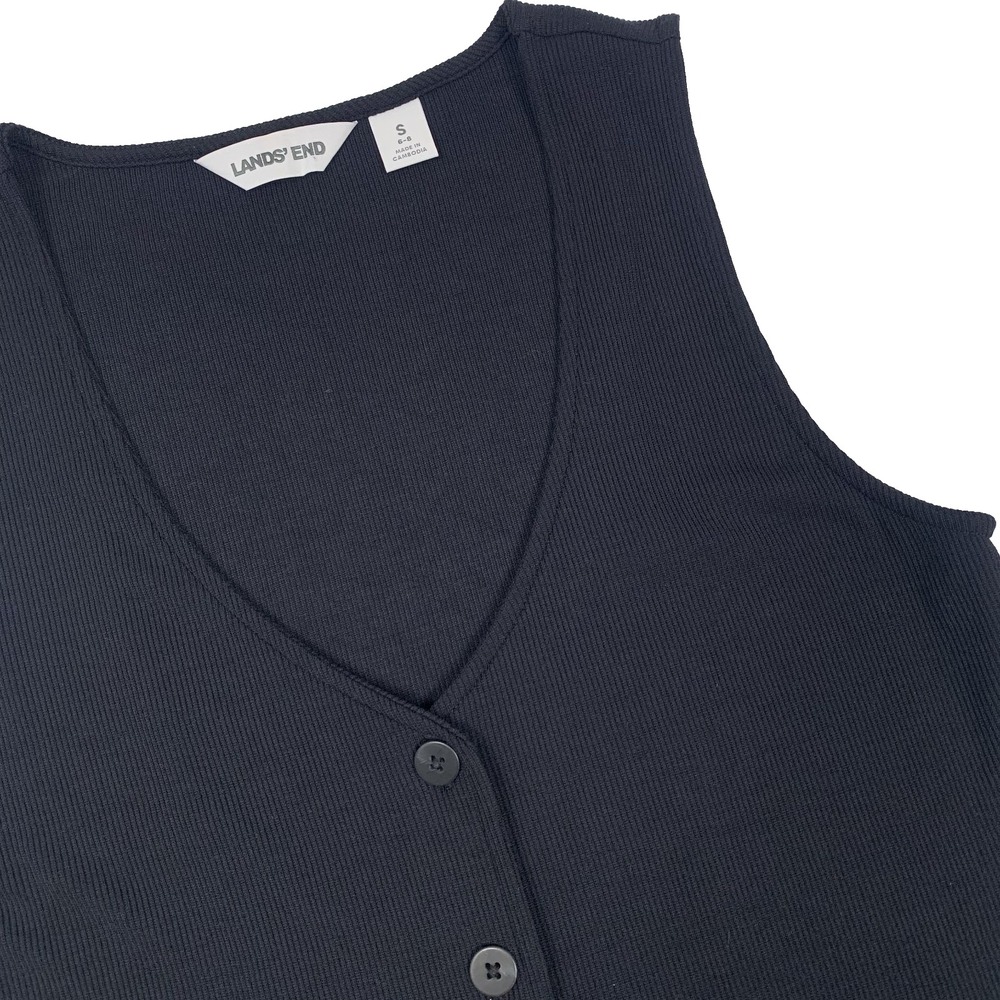 Lands’ End Sweater Vest Knit Women’s S Black Ribbed Button Down